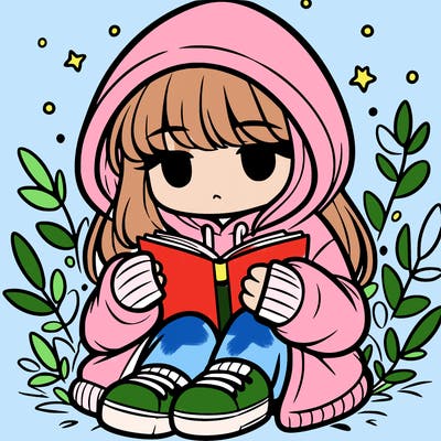 girl in oversized hoodie reading a book