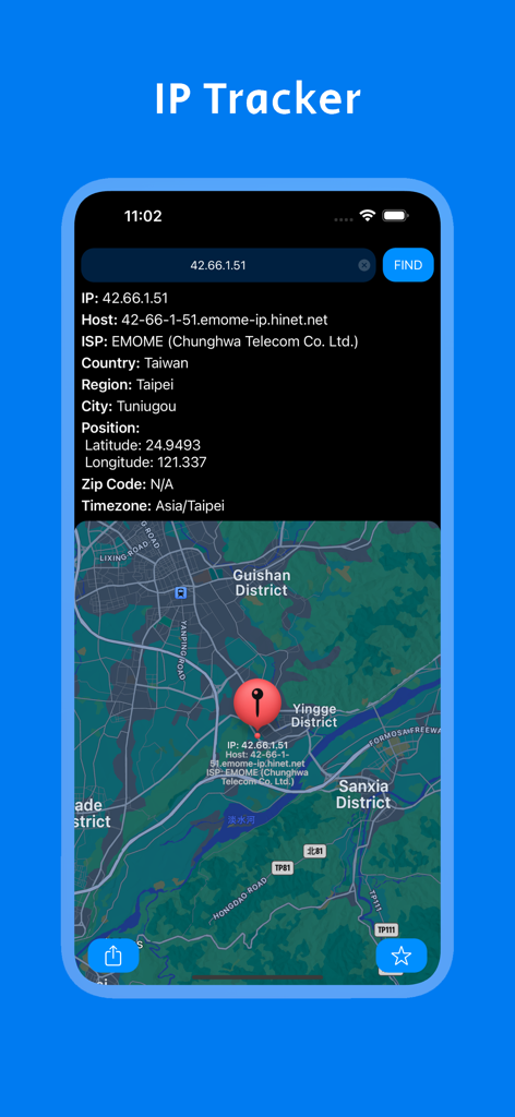 IP-Tracker-Oberfläche, die detaillierte Netzwerkinformationen und eine Geolokalisierungs-Karte mit einem Pin anzeigt.