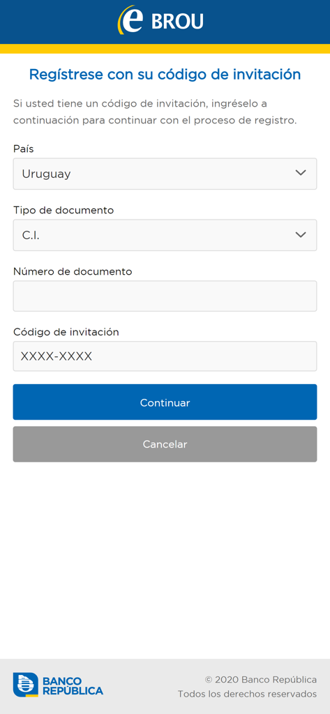 Registration screen of App eBROU with invitation code and document number fields