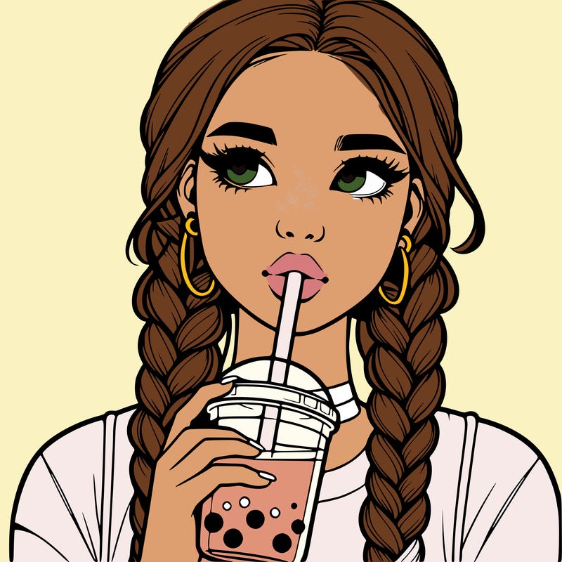 realistic girl with braided hair drinking boba