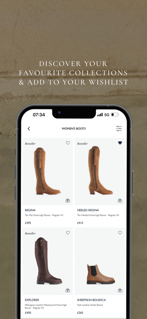 Fairfax & Favor - Fairfax and Favor app displaying a collection of luxury women's boots including the Regina and Explorer models