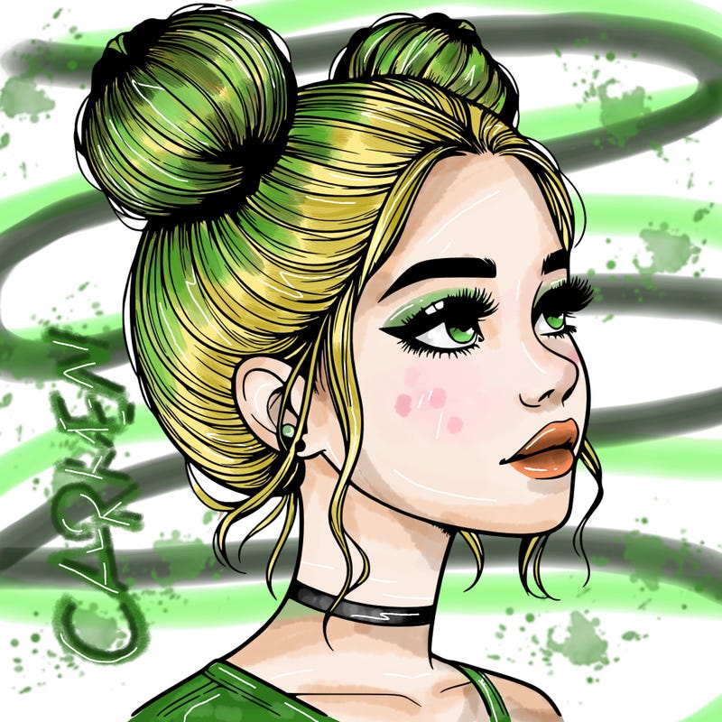 realistic girl with buns on the top of her head