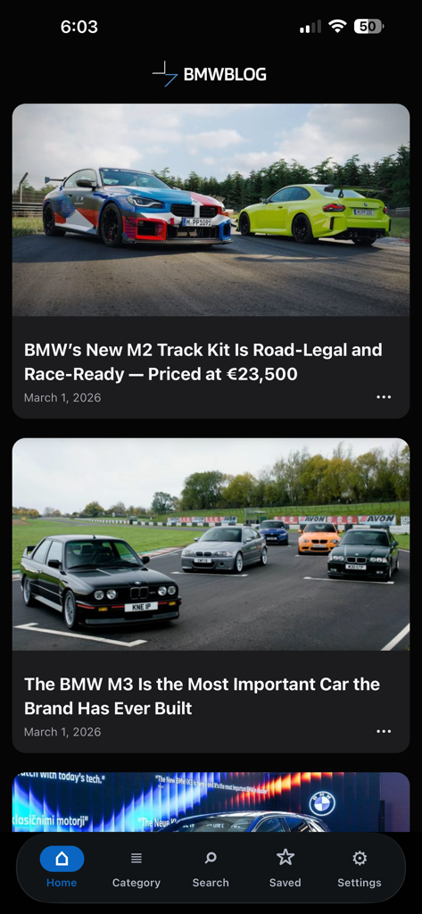 Feed de noticias de la aplicación BMWBLOG con artículos sobre BMW M2 y M3