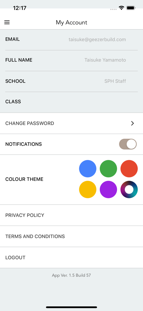 The Straits Times IN - The My Account screen of The Straits Times IN app showing user profile details and color theme customization options