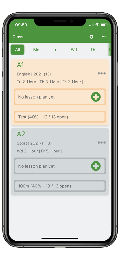 FlixGRADE  - a teacher planner - Tela do smartphone exibindo o aplicativo FlixGRADE para professores com uma lista de aulas agendadas e rastreamento de avaliações.