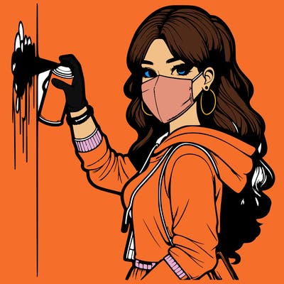 realistic girl with mask spray painting a wall