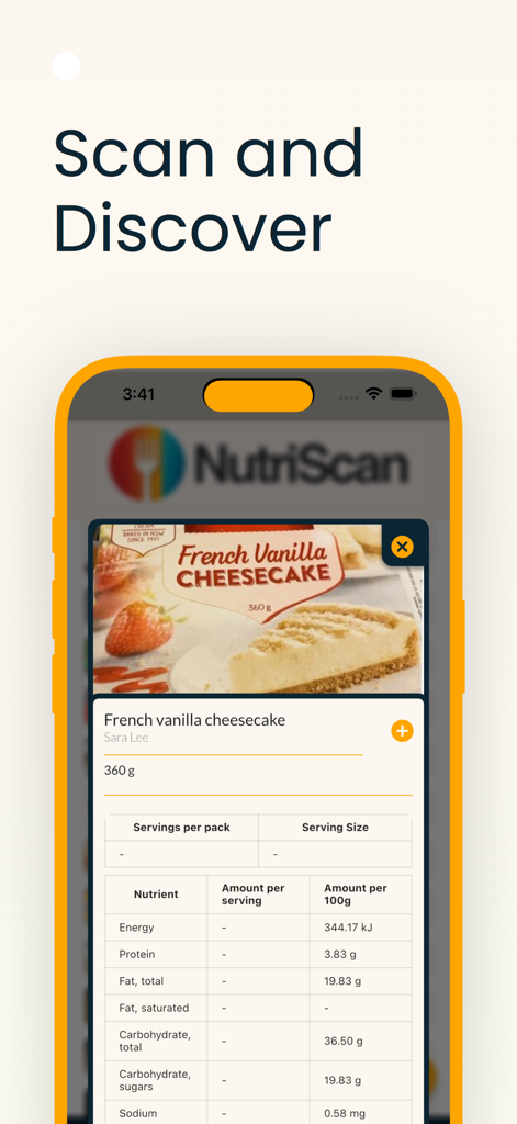 NutriScan: Know What You Eat - NutriScanアプリの画面。スキャンされた食品の詳細な栄養情報が表示されています。