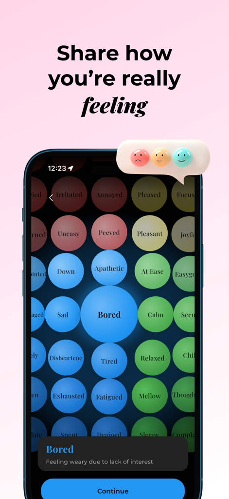 Bonded Together - Interface of Bonded Together app showing a grid of colorful bubbles with different moods like Bored and Calm for couples to share feelings