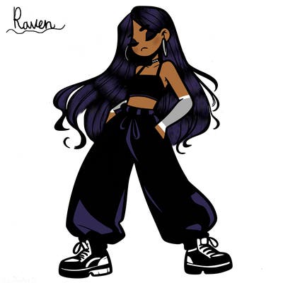 girl in baggy pants crop top and long hair