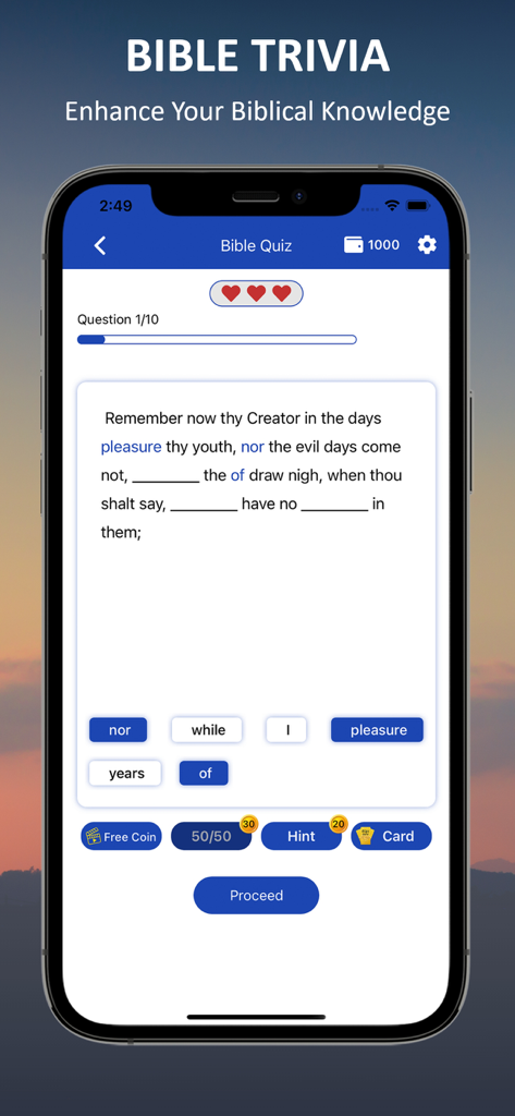 A smartphone screen showing a Bible Trivia quiz feature with fill-in-the-blank scripture questions and gamified study elements.