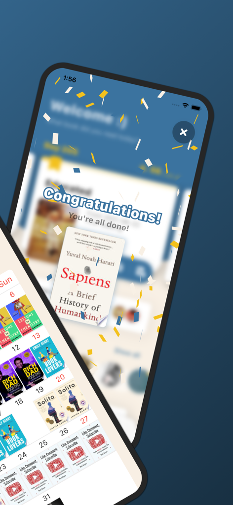 Bookmory app screen showing a reading achievement celebration with confetti and a monthly calendar displaying book covers.