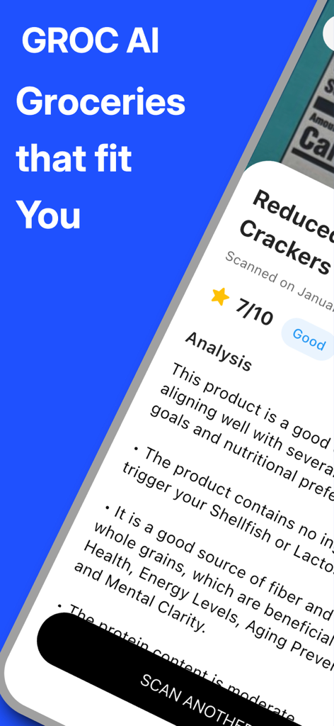 GROC AI - GROC AI app interface showing a nutritional scan of crackers with a personalized health rating