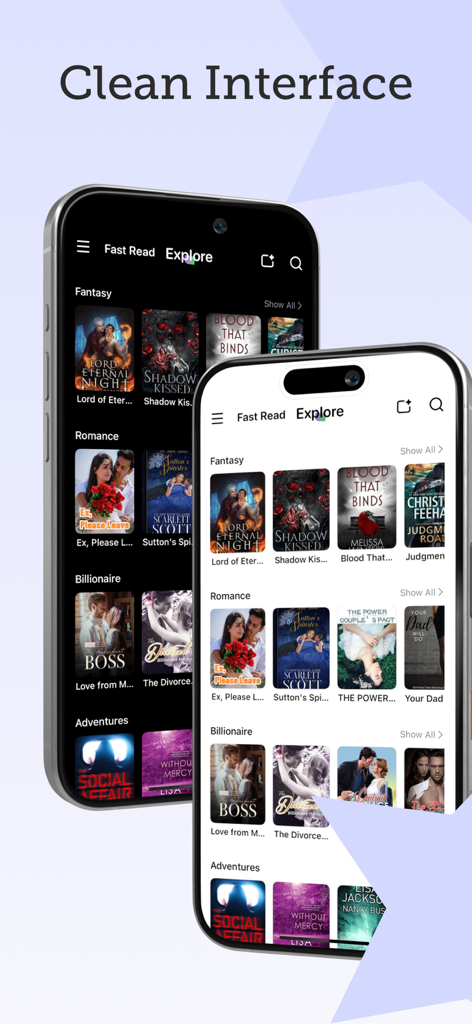 Screenshot of the Bookastle app interface showing categorized romance and fantasy novels on a mobile screen.