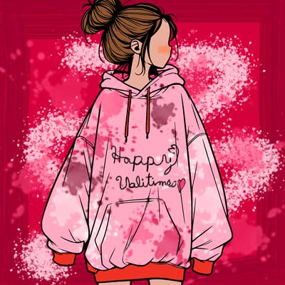 realistic girl with a oversized sweatshirt on and a bun