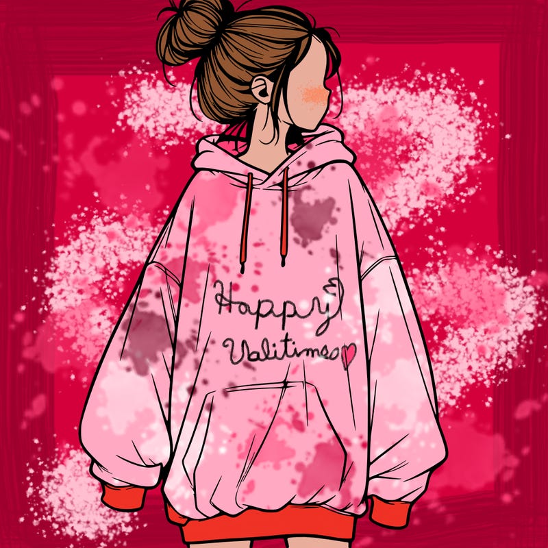 realistic girl with a oversized sweatshirt on and a bun