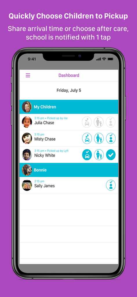 FetchKids app dashboard showing a list of children and their school pickup status for daily dismissal management