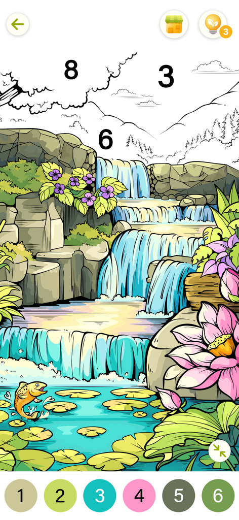 Une page de coloriage de paysage serein présentant des cascades et des fleurs avec de grands numéros pour une visibilité facile.