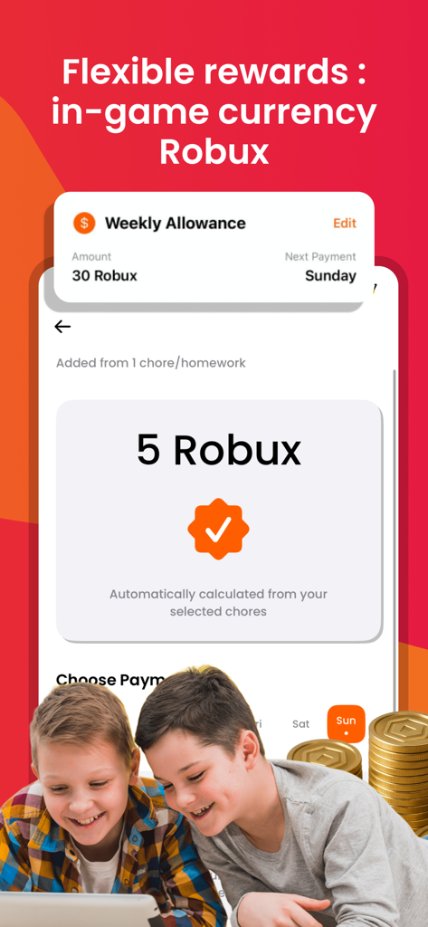 Duas crianças sorrindo para um tablet mostrando Robux ganhos por completar tarefas