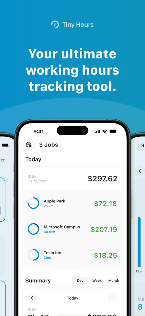 Tiny Hours Tracker, Time Clock - Tiny Hours Tracker App-Oberfläche zeigt eine Zusammenfassung der täglichen Einnahmen aus mehreren Aufträgen.