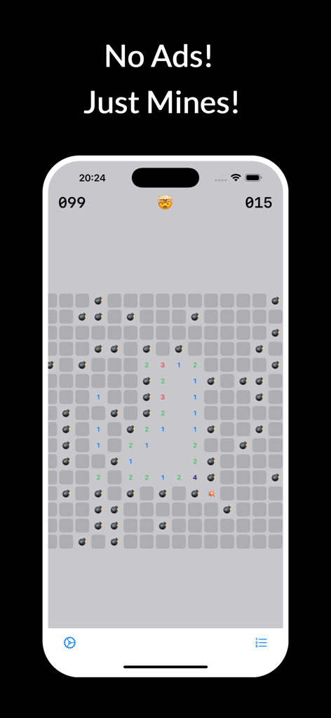 Minesweeper v1.0 - Pantalla de juego clásica de Minesweeper en un iPhone mostrando una cuadrícula con minas y números y sin anuncios.