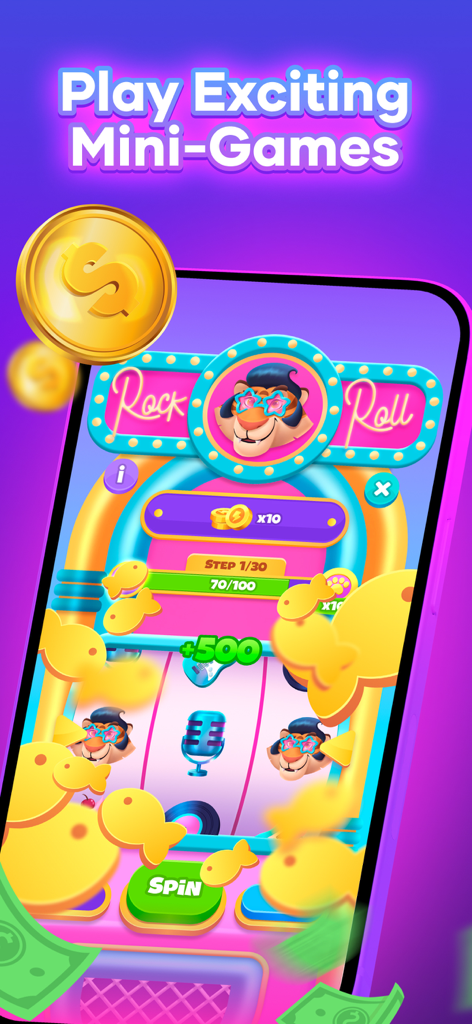 A mobile screen showing a Rock and Roll themed slot machine mini game in the Thrillz app with flying cash and coins