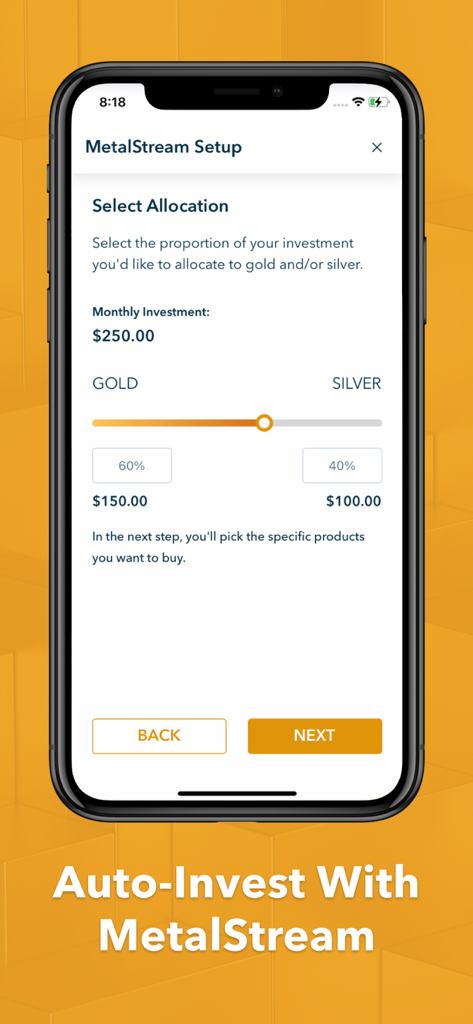 Hard Assets Alliance - Hard Assets Alliance app screen showing MetalStream setup with a gold and silver investment allocation slider