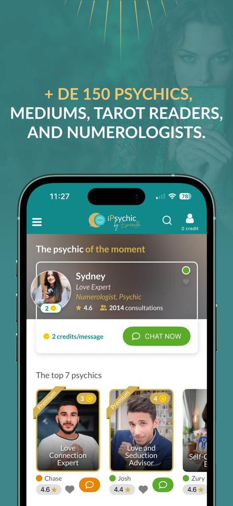 A mobile app interface showing various psychic experts, mediums, and tarot readers available for live chat.