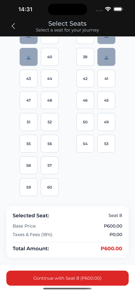 CityBus - Um ecrã de aplicação móvel mostrando um mapa de assentos de autocarro para selecionar um lugar com detalhes de preços na parte inferior.