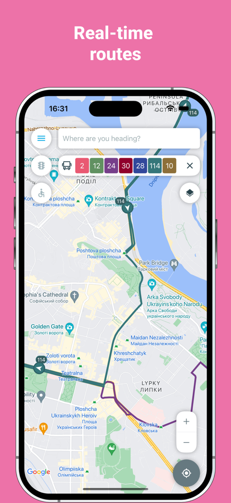 Eway app interface showing real-time public transport routes and bus locations on a city map