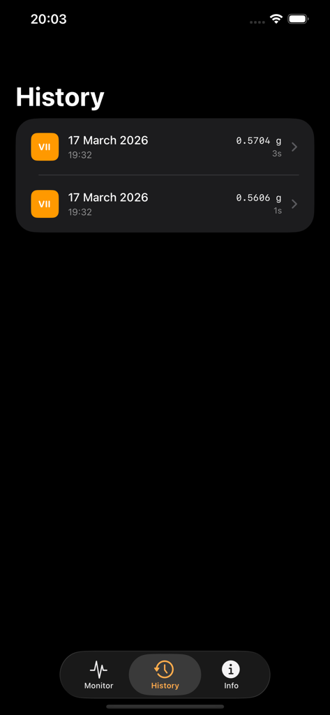 Vibration - Seismograph Meter - History screen of the Vibration app showing a list of recorded seismic events with g-force data and intensity levels.