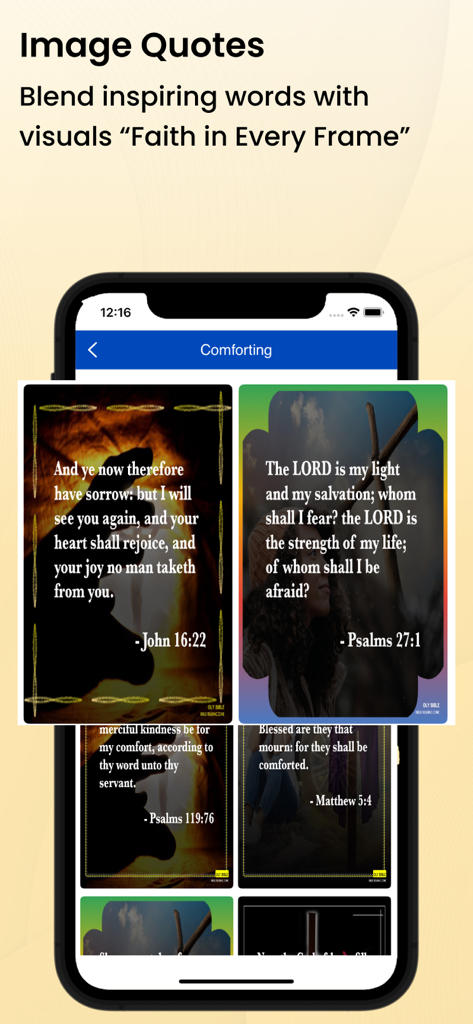 A mobile screen showing the Image Quotes feature of the Message Bible app with various scripture verses on artistic backgrounds