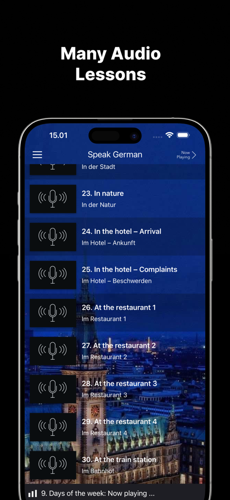 Ein Menü mit situativen deutschen Audio-Lektionen in der Benutzeroberfläche der Lernen-App.