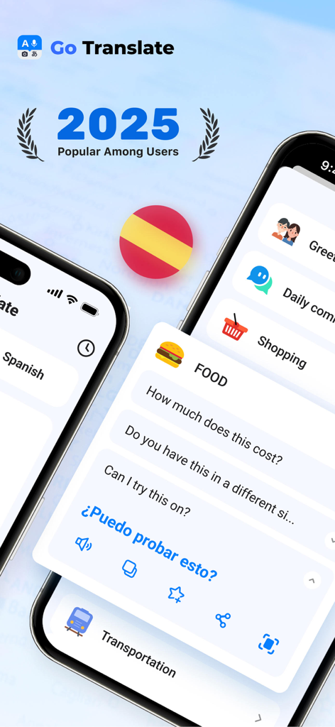 Interfaccia dell'app Go Translate che mostra frasi di viaggio in spagnolo e categorie di conversazione come cibo e trasporti.