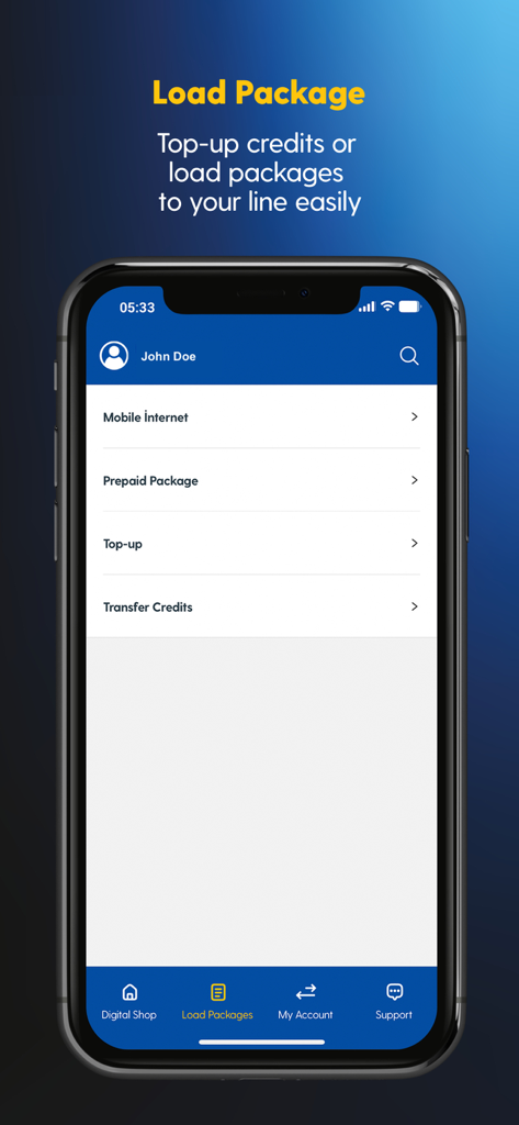 Turkcell North Cyprus - A mobile phone screen showing the Turkcell North Cyprus app's Load Package menu with options for Mobile Internet, Prepaid Package, and Top-up.