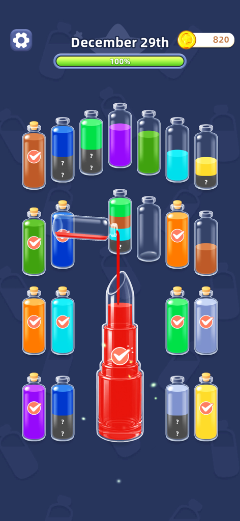 Water Jam Sort - Match Puzzle - Una pantalla de juego de puzzle móvil que muestra líquido de color vibrante vertiéndose en una botella con forma de lápiz labial entre otros viales de clasificación