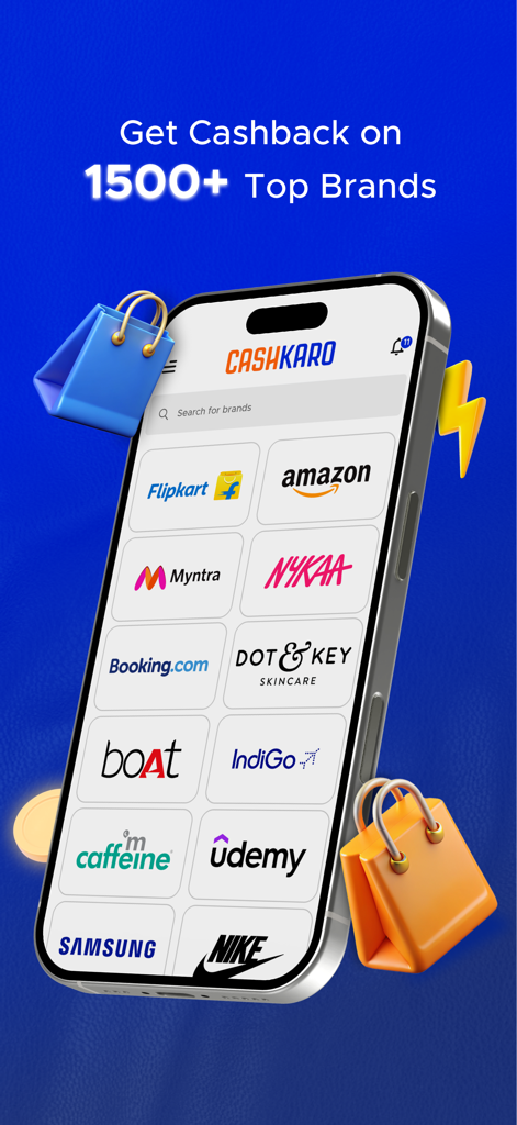 CashKaro - Cashback & Coupons - CashKaro app interface showing cashback offers on top brands like Amazon and Flipkart
