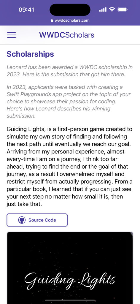 WWDCScholars - A page in the WWDCScholars app showcasing a scholarship winning project named Guiding Lights with a description and source code link