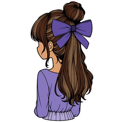 realistic girl  with hip length hair a bun and a big bow on the back of head
