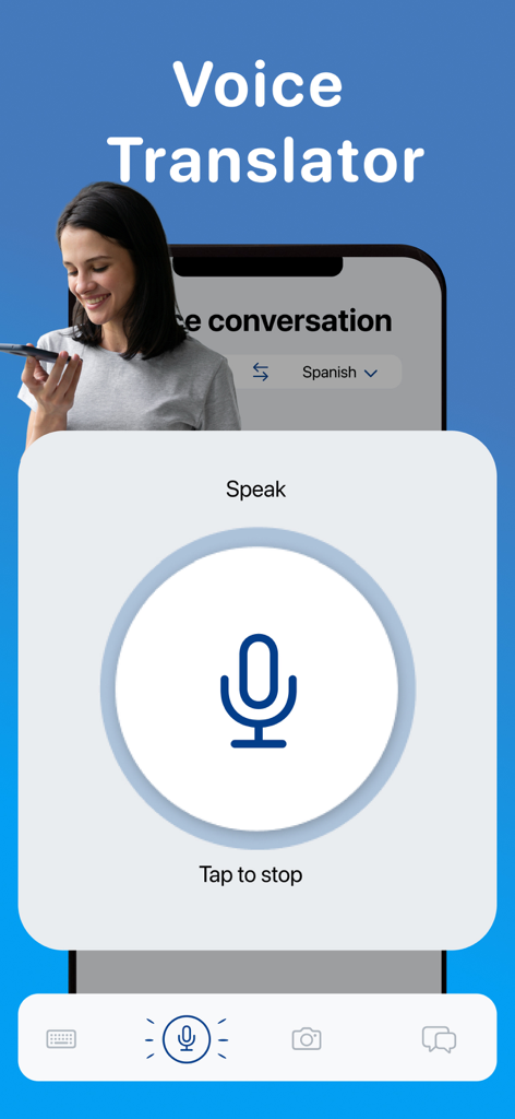 AI Translator: Translation App - Pantalla de traducción de voz de la aplicación Traductor IA con un gran icono de micrófono y un botón de hablar