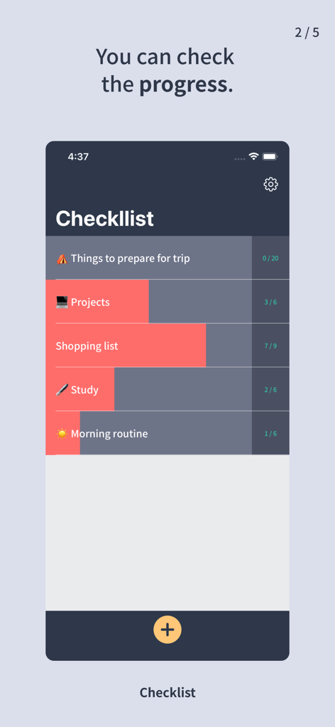 Interface of the Check List simple app showing progress bars for multiple task categories