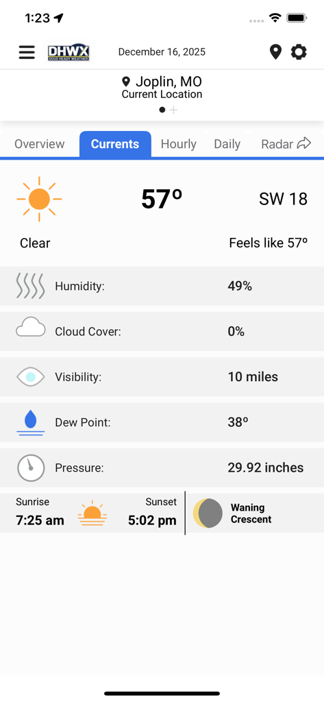 Doug Heady Weather - Current weather conditions screen in the Doug Heady Weather app for Joplin Missouri showing 57 degrees and clear skies