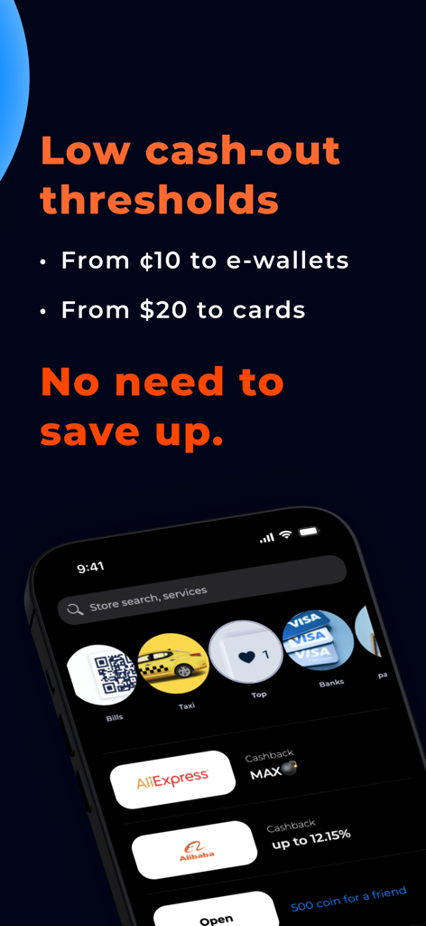 CashBack ZOZI: money back - Interfaz de la aplicación CashBack ZOZI mostrando umbrales bajos de retiro para billeteras electrónicas y tarjetas bancarias