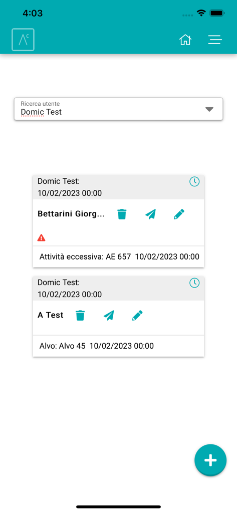 Advenias Care Domiciliare - Registro delle attività cliniche e interfaccia di cartella clinica nell'app Advenias Care Domiciliare.