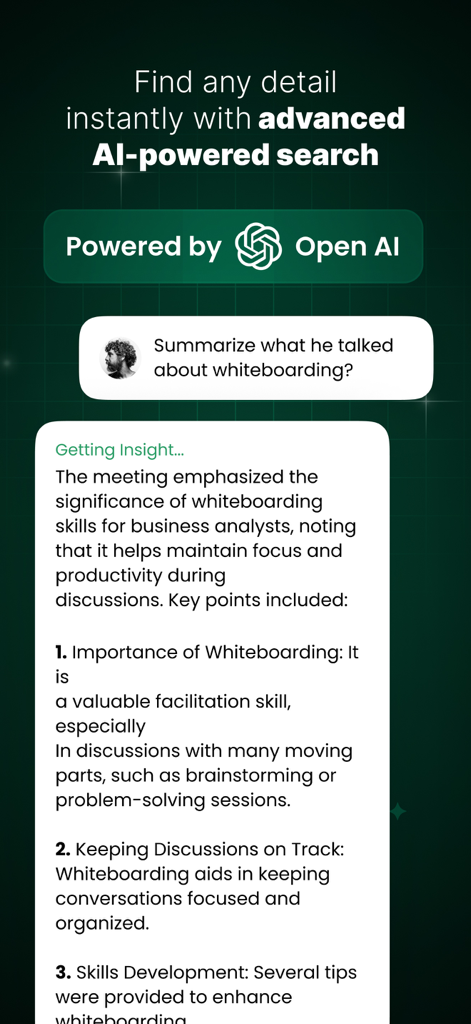 Anotar: Work Meeting Recorder - Anotarアプリのインターフェースに、AI搭載の会議検索と要約結果が表示されています。