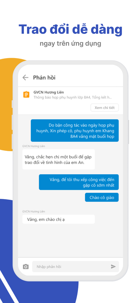 My LTV - Messaging interface of the My LTV app showing a chat conversation between a parent and a teacher in Vietnamese