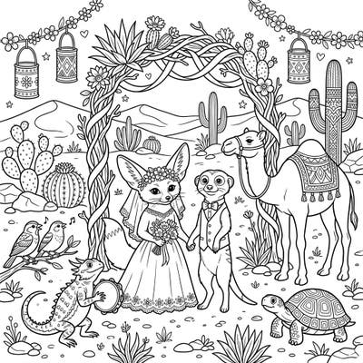 Join a charming fennec fox bride and a dapper meerkat groom as they celebrate their unique desert wedding. This delightful coloring page invites you to bring a vibrant desert ceremony to life with your favorite colors.