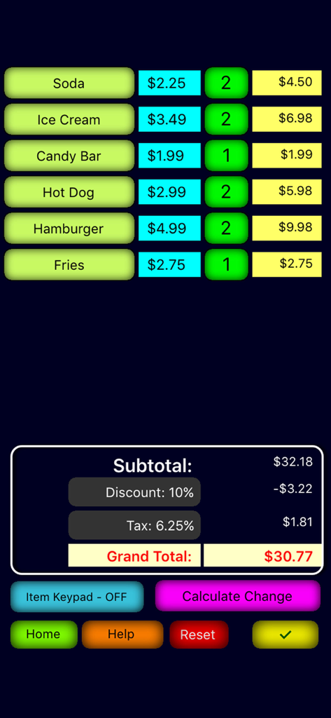 Schermata di vendita dell'app Cash Register Express che mostra l'elenco dettagliato e il calcolo del totale complessivo.
