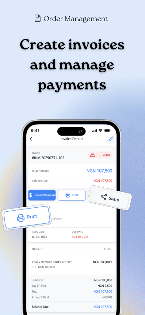 Seam: Tailor App - Digital invoice and payment management screen for a tailoring business on the Seam Tailor App