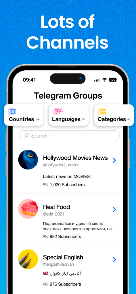 X for Telegram Messenger - A screen showing a directory of Telegram channels and groups with filters for countries languages and categories