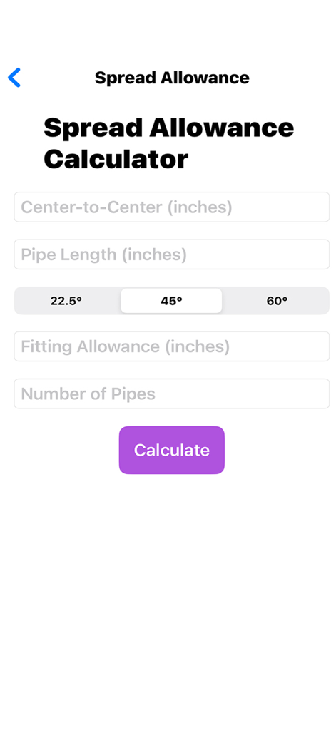 User interface of the Spread Allowance Calculator in the Pipe Math app showing input fields for professional plumbing calculations.